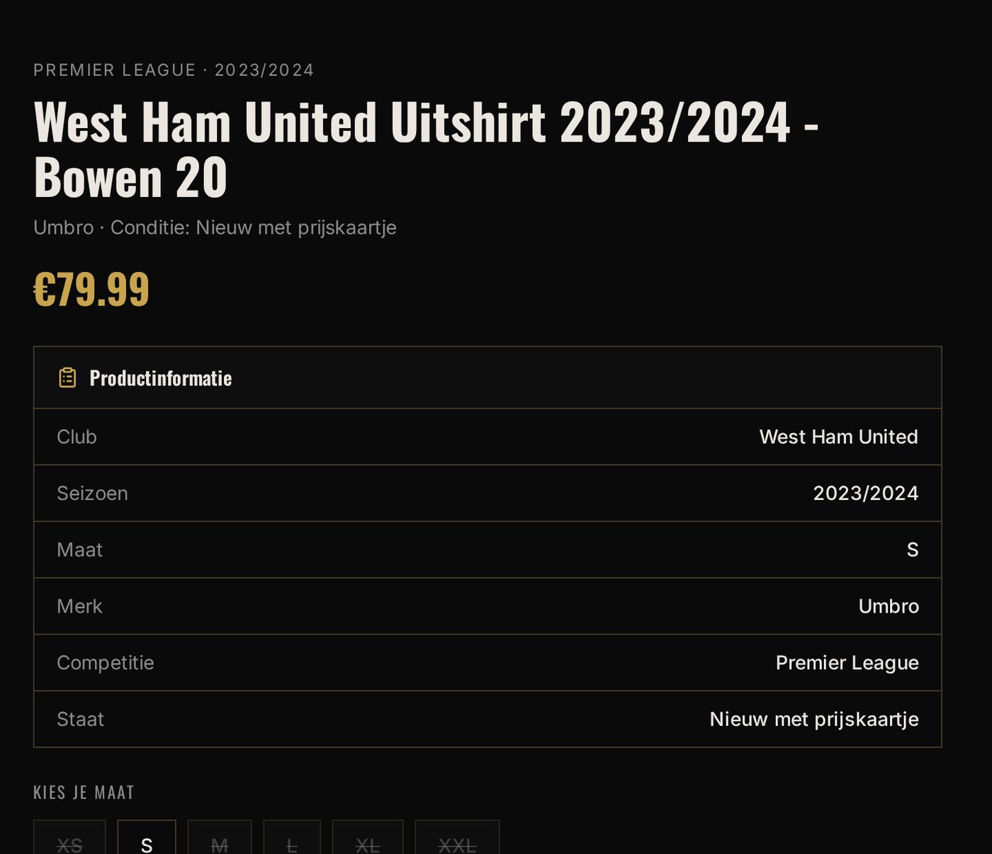 Productinformatie en maatkeuze bij Original Football Shirts