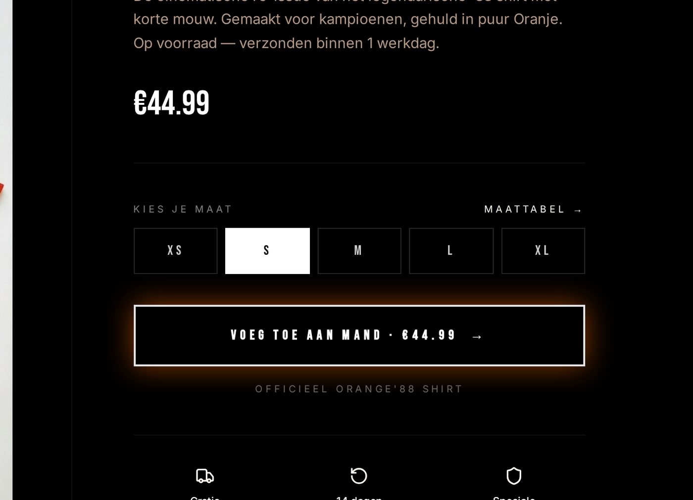 Maatkeuze en toevoegen aan winkelmandje bij Orange88