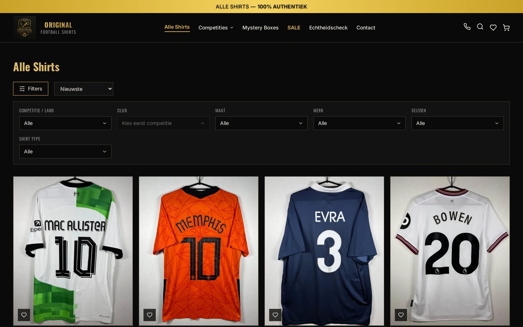 Filterbalk op de collectiepagina van Original Football Shirts
